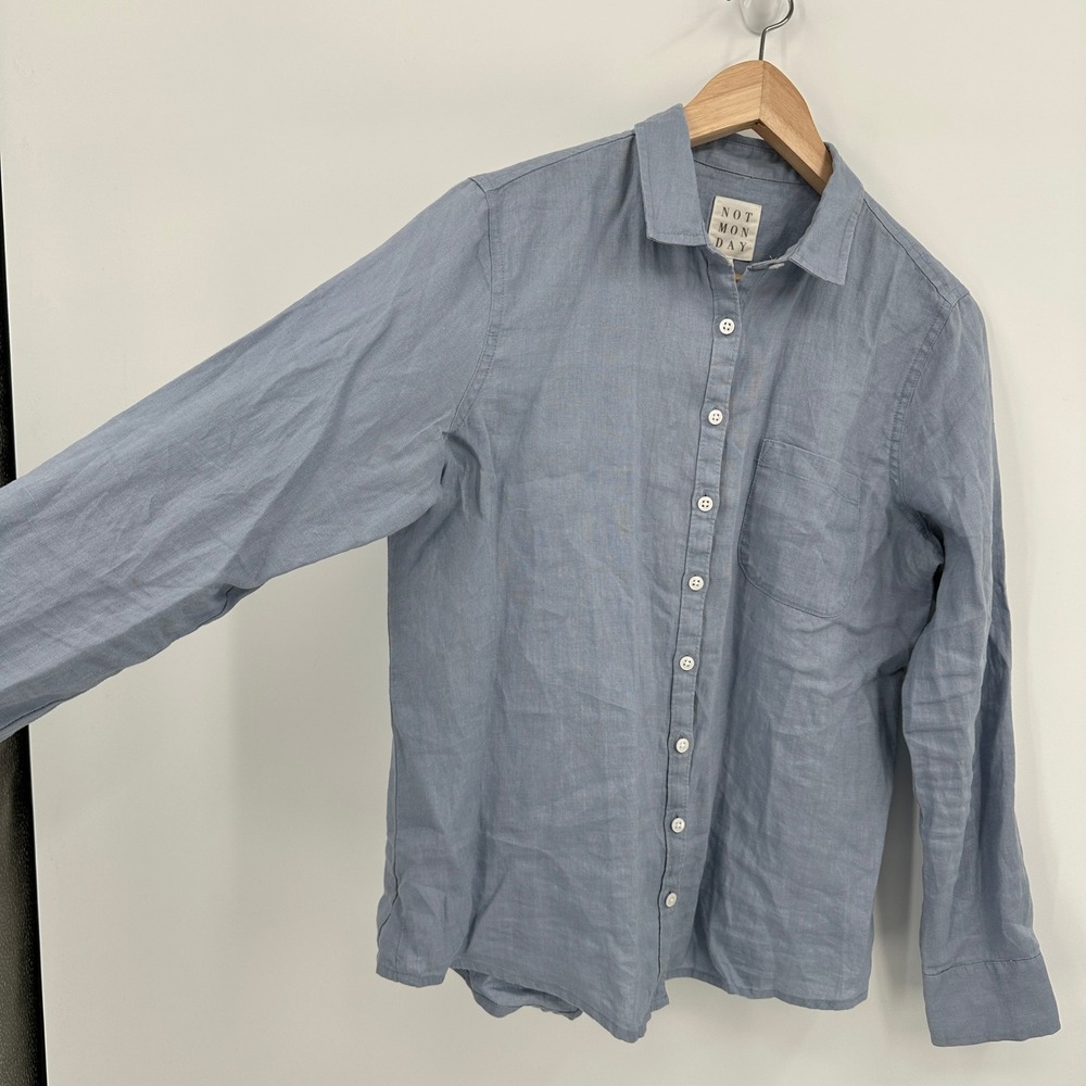 Not Monday Kennedy 100% Linen Button Down Shirt Blue Long Sleeve Pocket Small - Picture 3 of 7
